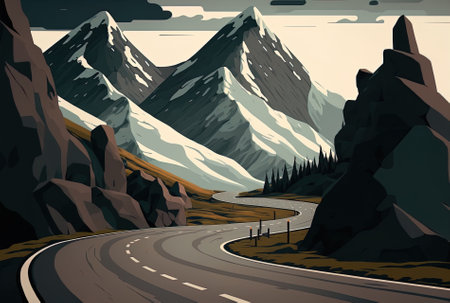 Curvy empty road close to a stunning mountain range in the shadow of a gloomy gray skyの素材