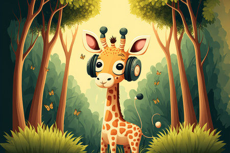 Illustration of a cute cartoon giraffe listening to music while in the backdrop of a forestの素材