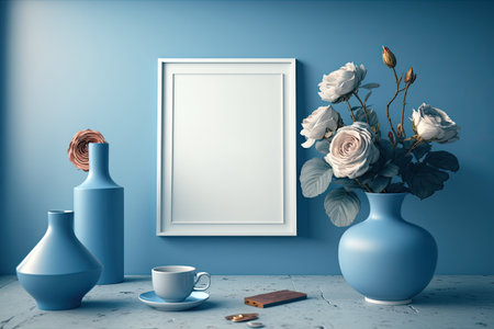 Interior mockup. blue room paintings. The table had a rose vaseの素材