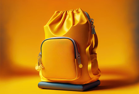 Golden trophy for the recipient of an award with a yellow backdrop and an orange travel bag.の素材