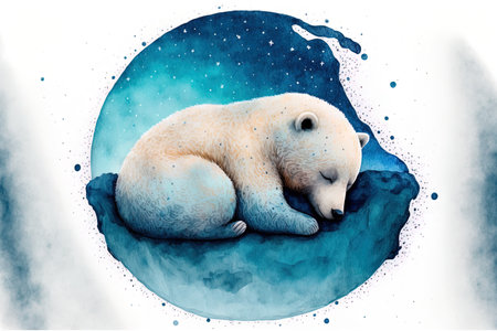 Cute watercolor hand drawn picture of a bear sleeping on a blue moon with a white isolated backdropの素材