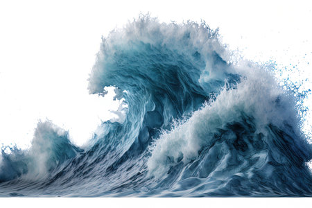 Large stormy sea wave in deep blue isolated on white. Nature of the climate. in frontの素材