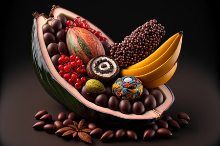 Inventive cocoa bean and fruit arrangement. Lay flat. notion of food. macro level ideaの素材