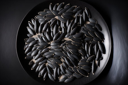 On a black background there are black sunflower seeds on a dish. looking up. room for textの素材