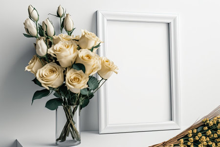 Mockup of a blank frame with a photo area and fresh roses in a white insideの素材