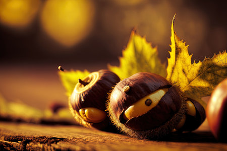 Shallow depth of field chestnuts close up on wood in an autumnal woodland with a golden backdropの素材