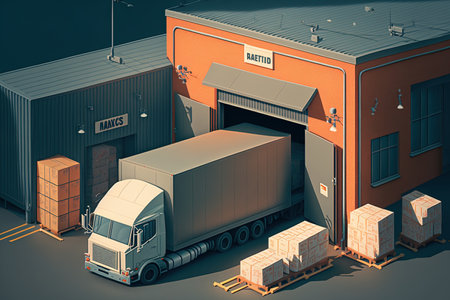 Illustration of a warehouse used for logistical transportation and industrial products storageの素材