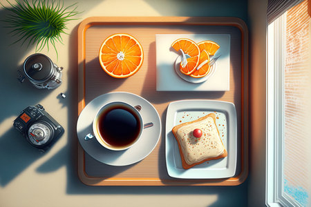 In room breakfast. coffee jam topped toast and fresh orange juice view from the top. Lay flatの素材