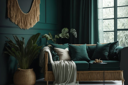 Interior of contemporary dark green home with rattan furniture and dried palm leaves in vaseの素材