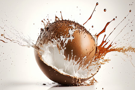 Isolated against a white background a fresh coconut with water splashing from a brown coco nutの素材