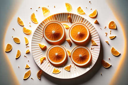 Orange slices are sliced and placed on a dessert plate. light backdrop focused just littleの素材