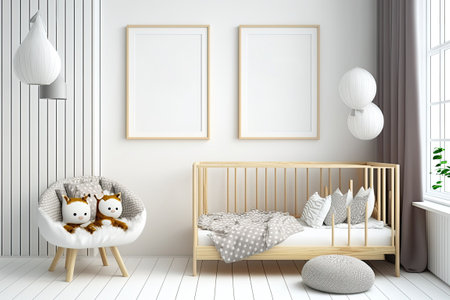Two posters bed huge windows frames in nursery. Cozy apartment. Mockupの素材