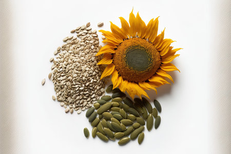 Sunflower sesame linseed and pumpkin seed piled together in top view on a white backdropの素材