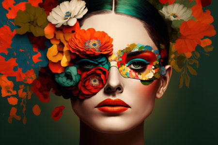 Young woman in abstract contemporary art collage portrait wearing flowers and facial paintの素材