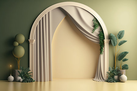 Arch draperies and podium on a wall. Mockup presentation platformの素材
