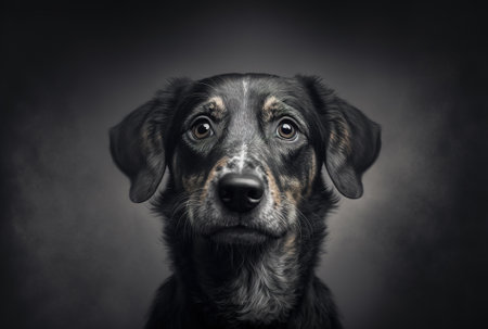 Portrait of a young dog with an astonished look on its face set against a gray backdropの素材