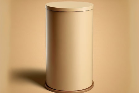 On a brown background a beige cylinder podium or pedestal product display stand with a window lightの素材