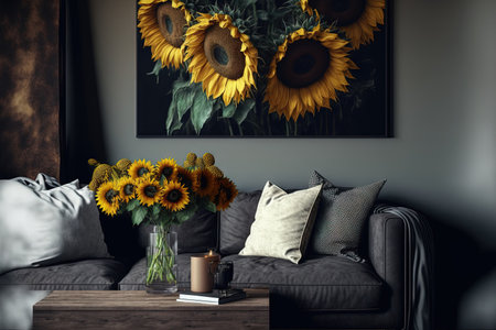 Sunflowers on wooden table next to leather sofa in living room interior with posters. Real photoの素材