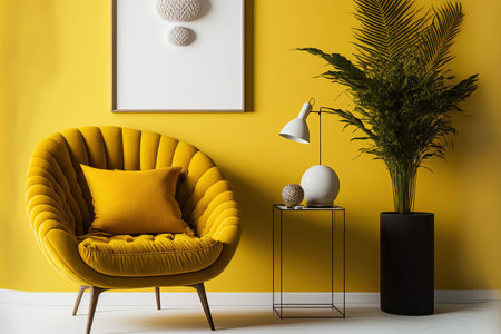With a yellow wall texture background and a minimalist living room decor and furniture mockupの素材