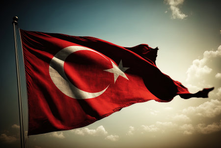 Turkish flag or the flag of Turkey flying in Istanbul against a clear sky. textual roomの素材