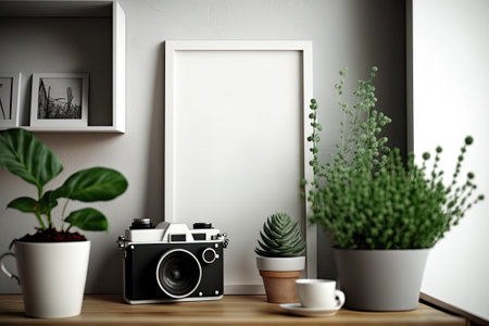 A camera dummy and plant create a modern home. Artist workspace with montage copy area. mock-upの素材