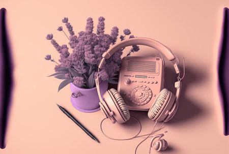 Pink backdrop with a bouquet of lavender flowers a telephone a headset and some stationeryの素材