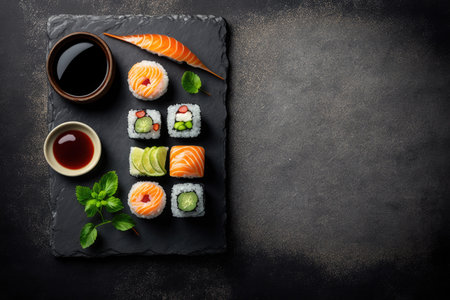 Set of sushi and maki roll on stone table. Top view with copy spaceの素材