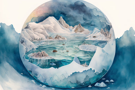 Watercolor depiction of an Arctic environment with ice floes snow and other featuresの素材