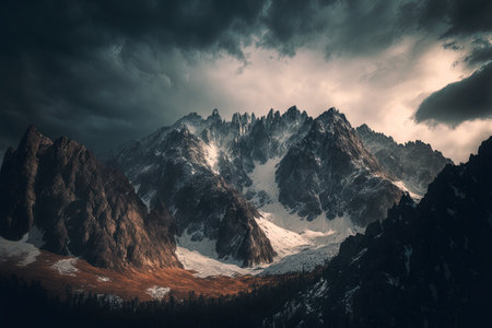 Stunning view of a tall rocky mountain range covered with snow against an overcast skyの素材