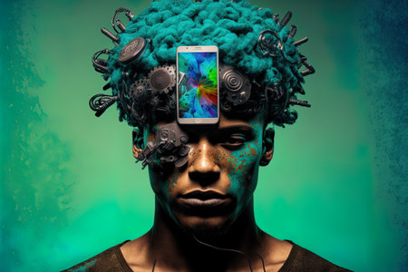 On a colored background a man holds up a smartphone and displays his brain and gear wheelsの素材