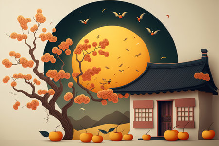 image of a Korean autumn banner background. Falling persimmons and a typical Korean homeの素材