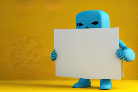 Yellow backdrop with a blue book figure mascot and an empty white banner with space for your design.の素材