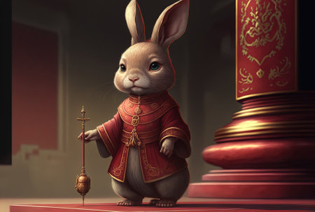 Standing on a crimson pedestal is an adorable cartoon rabbit wearing a chinese costumeの素材