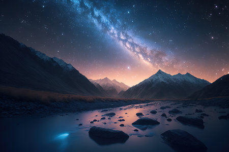 Rivers mountain stars zodiacal light and the Milky Way on a beautiful blue night in New Dayの素材