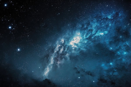 a flash of light in the night sky Sky filled with stars and a brilliant blue galaxy in the backdropの素材