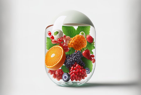 Transparent capsule featuring several vitamins rich fruits and berries on a white backdropの素材