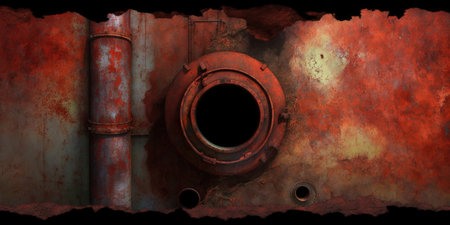 ancient rusted crimson wall in the centre of which is a pipeの素材