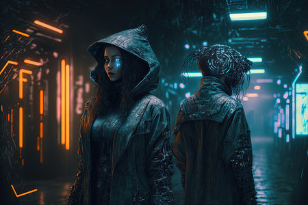 Witches of cyberpunk hide in a shadowy hacker location. neural network produced artworkの素材