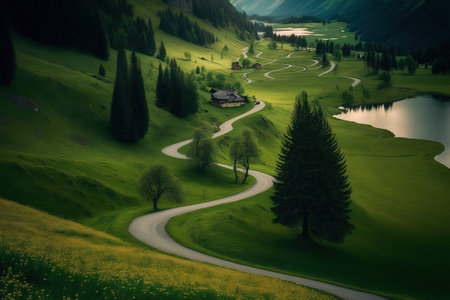 Stunning picture of a winding route in the center of a green field with trees and flowersの素材