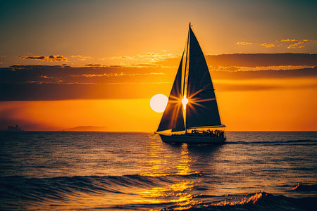 a yacht racing the setting sun. vacation lifestyle scene with a skyline. dated procedureの素材