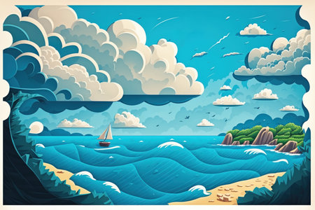 Summer landscape with a deep blue sea and cloudsの素材