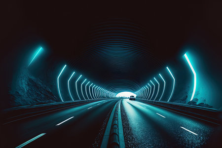 futuristic highway tunnel road with blue neon lights and a background of urban sceneryの素材