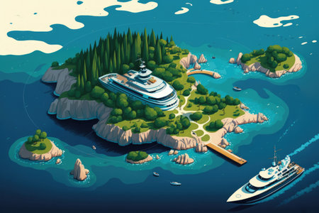 aerial view of a superyacht the Croatian archipelago in the distance and the island of Hvarの素材