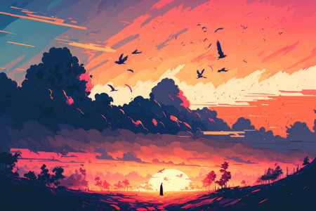 sunset, sunrise, sundown, and colorful clouds in a soft palette devoid of birdsの素材