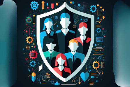 data or network protection business people press shield icon web button virus securityの素材