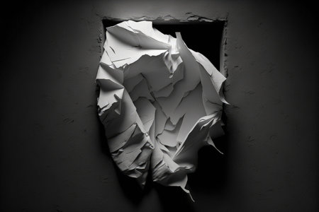 White crumpled paper pasted on a black wallの素材