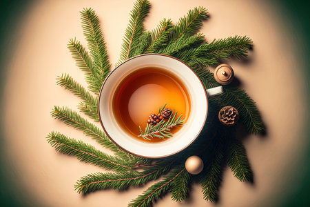 fir branches in top view a cup of tea with Christmas tree decorations on a beige backdropの素材