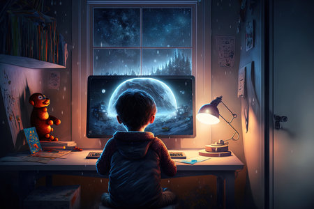 using a desktop computer in the living room at home a child is learning online at nightの素材