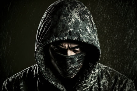 man in dark camouflage hoodie with covered face dark background hacker bandit and attackerの素材