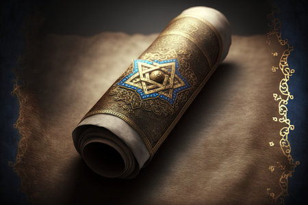 torah scroll hebrew bible on parchment placed on cloth with star of david. selective focusの素材